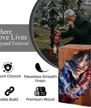 American Eagle Wooden Cremation Urn | Patriotic Veteran Urn for Dad