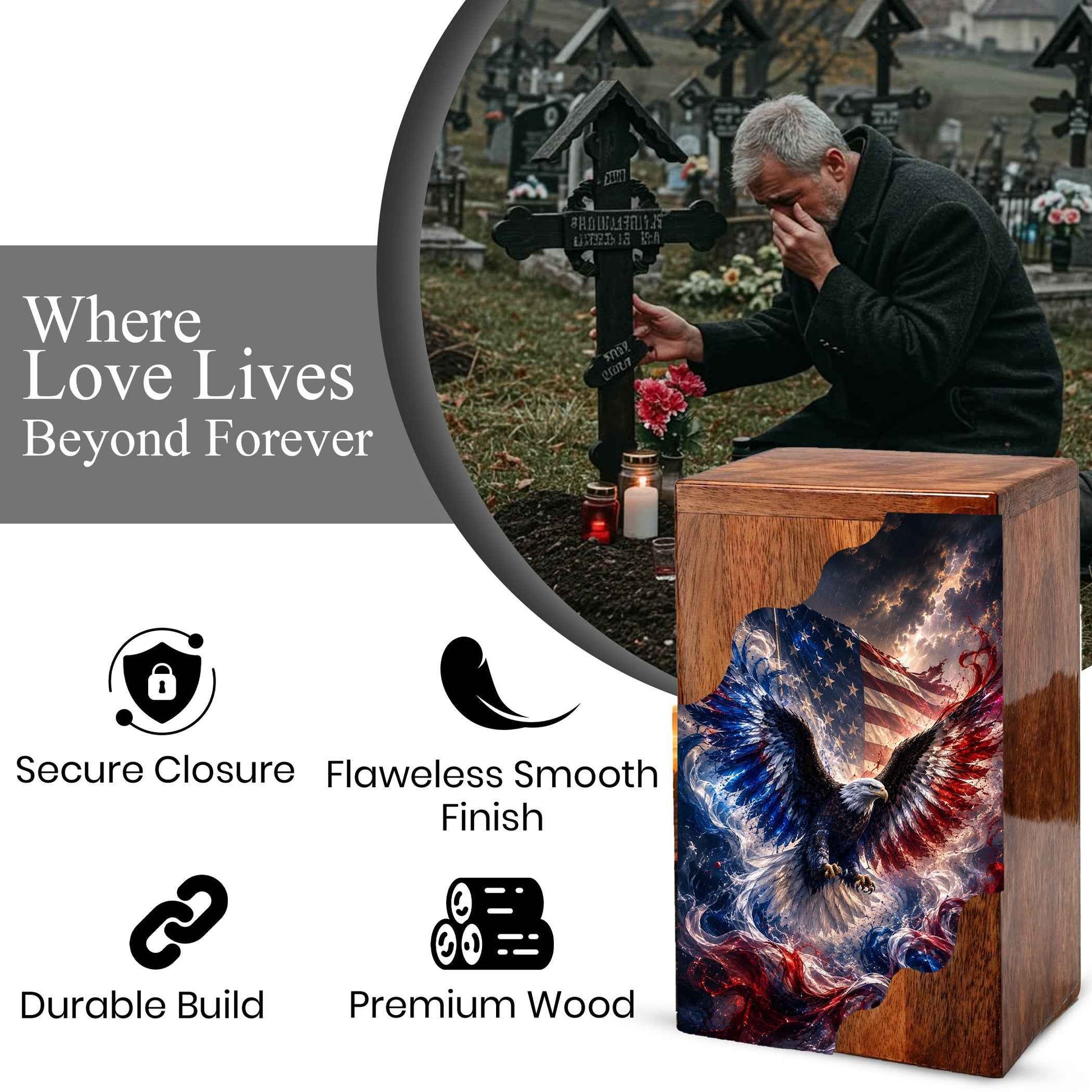 American Eagle Wooden Cremation Urn | Patriotic Veteran Urn for Dad