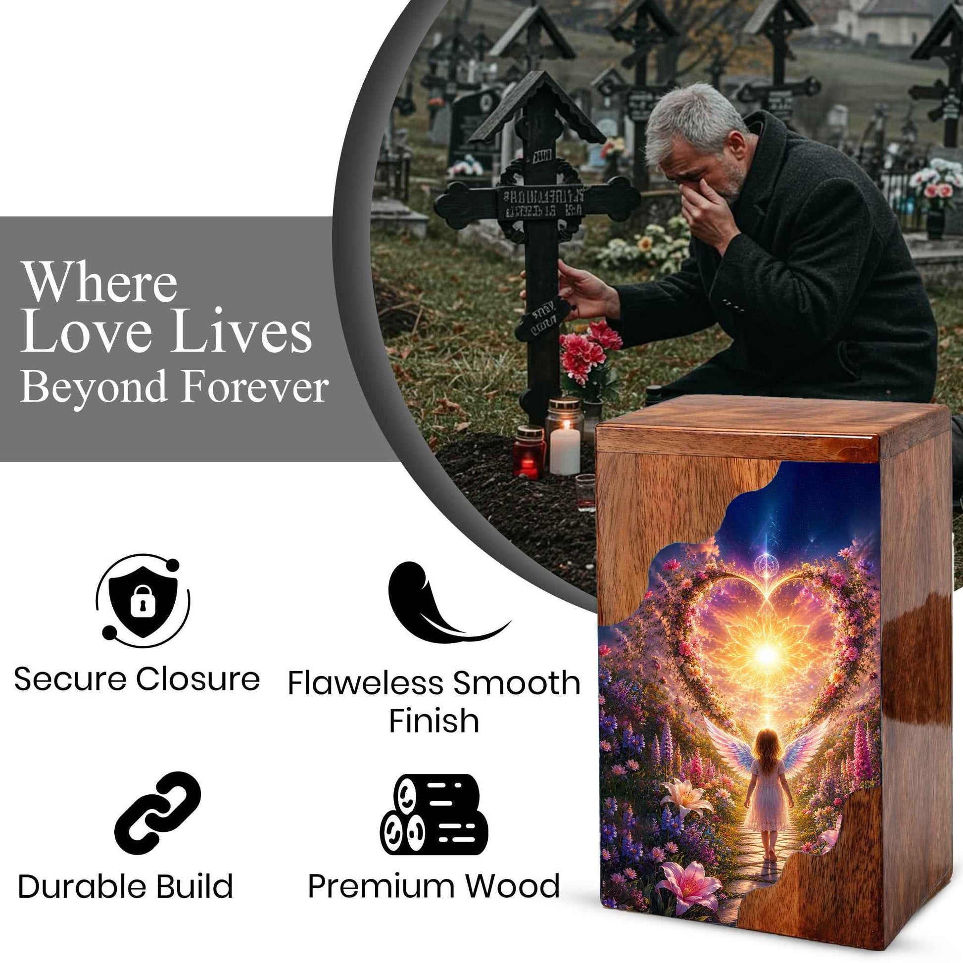 Angel Child Wooden Cremation Urn for Mom, Wooden Urn for Human Ashe