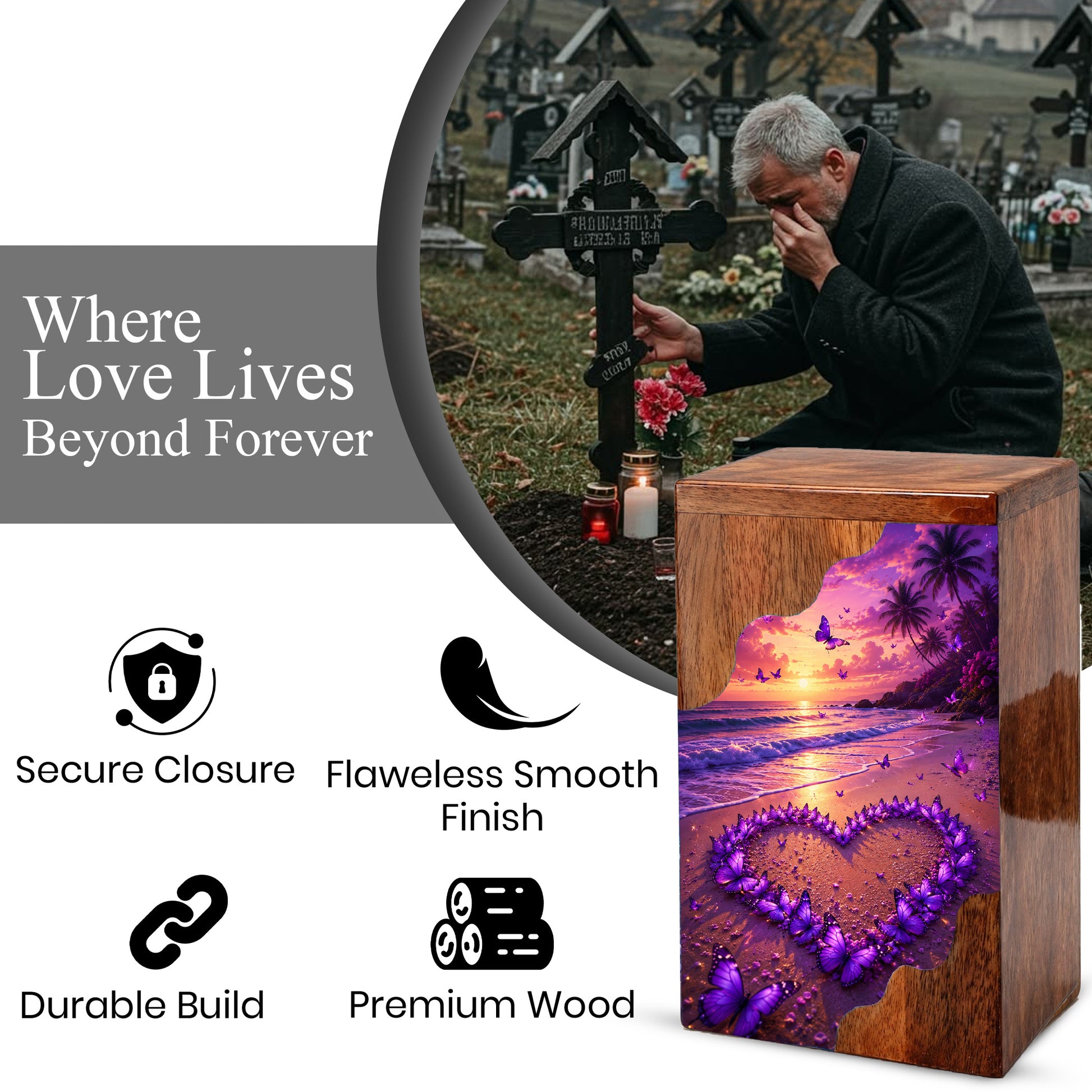 Purple Butterfly Beach Wooden Cremation Urn – Sunset Memorial Urn for Mom