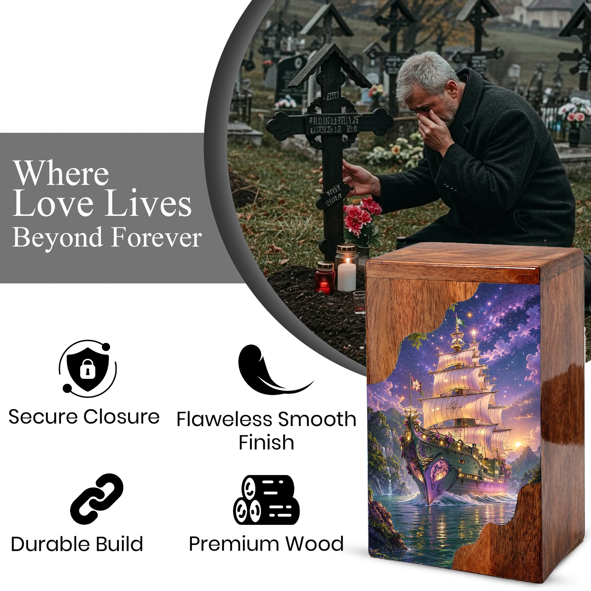 Wooden Cremation Urn for Human Ashes, Sailing Ship Memorial Urn, Adult Cremation Urn