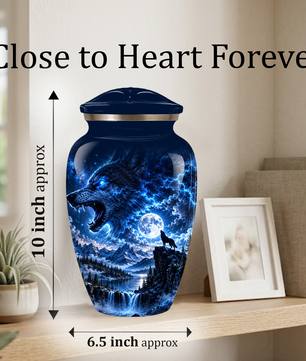 Personalized Adult Cremation Urn for Ashes, Blue Lightning Wolf Memorial Urn, Custom Wolf Howling at Moon Urn