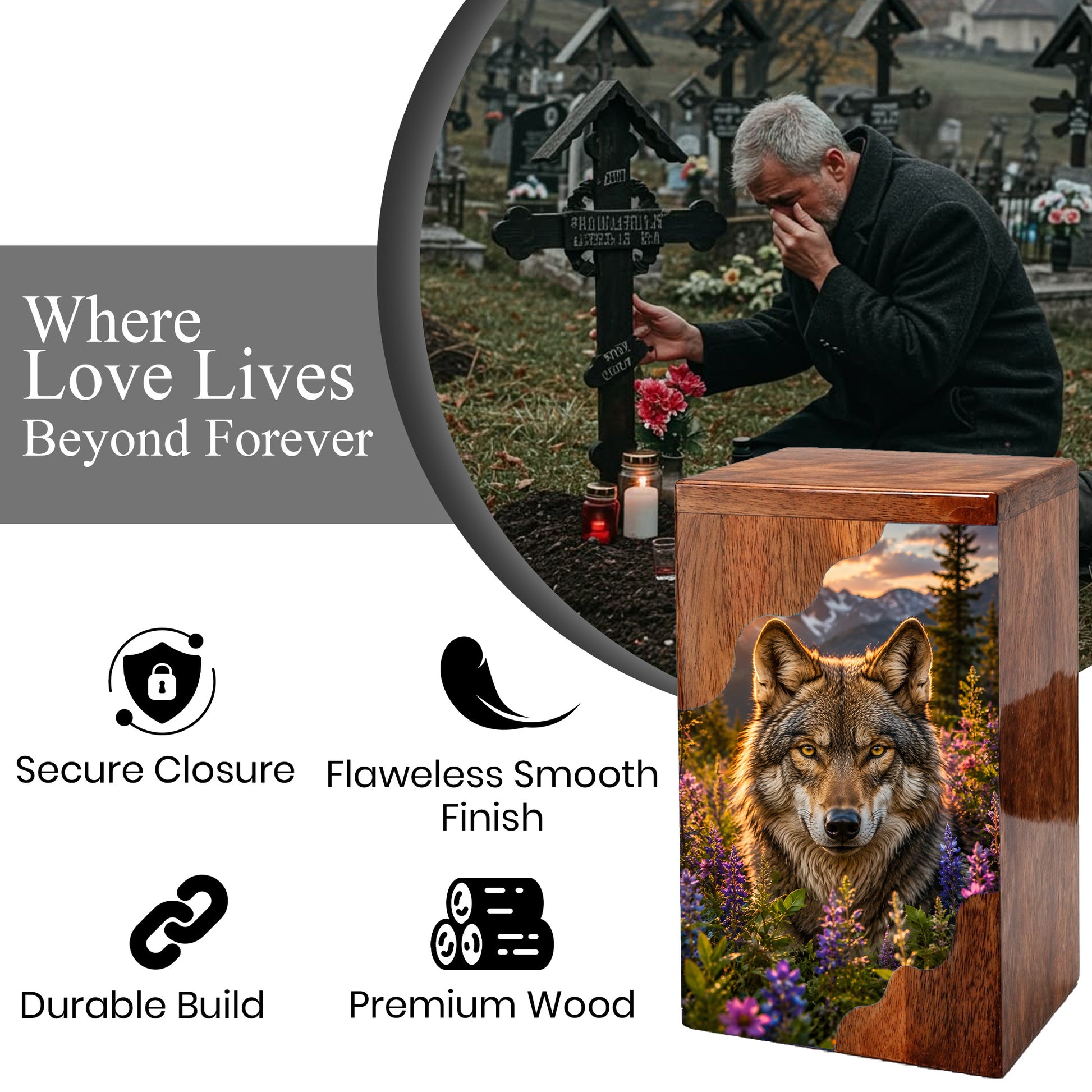 Wolf Wooden Cremation Urn – Wooden Urn for Human Ashes