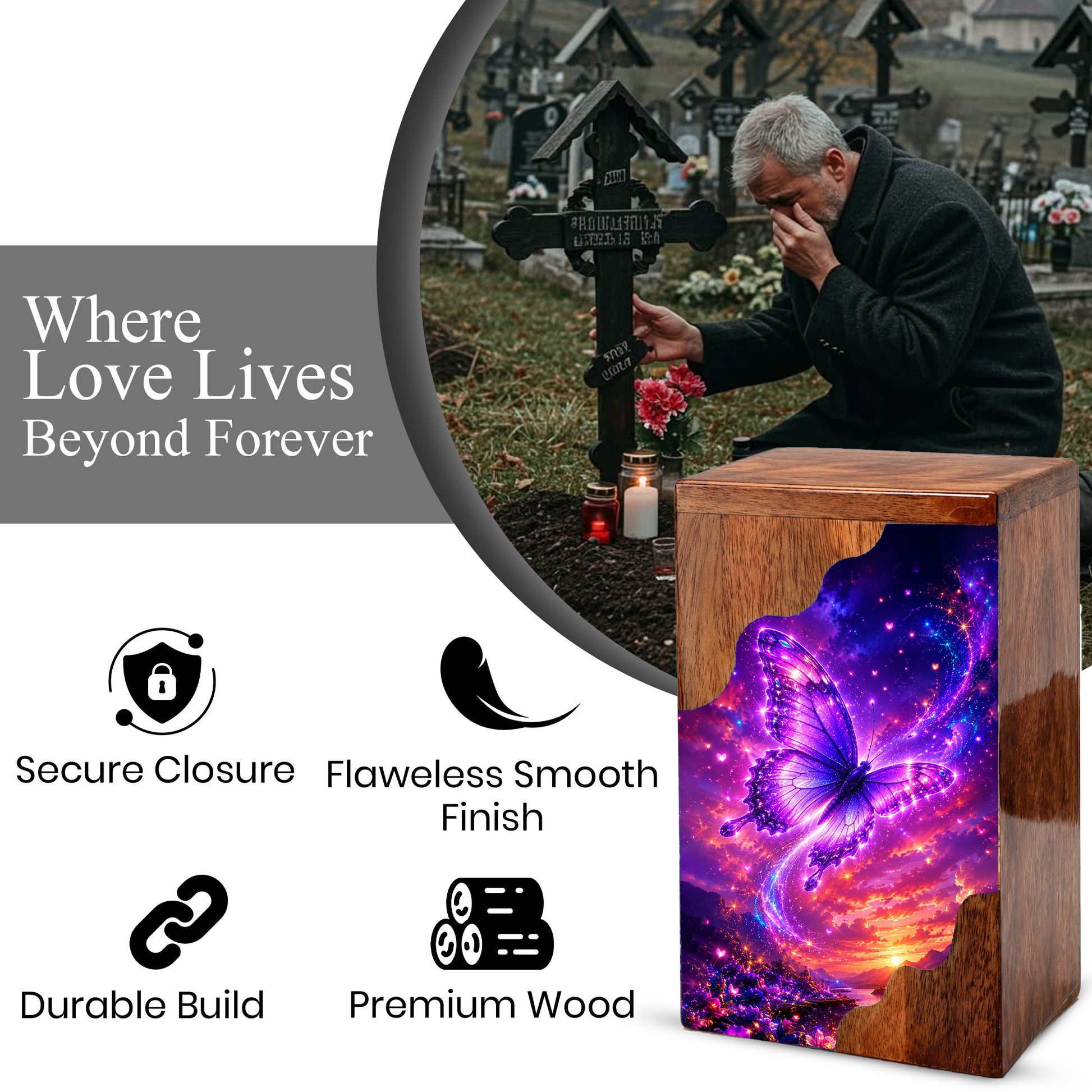 Butterfly Urn, Wooden Cremation Urn for Human Ashes
