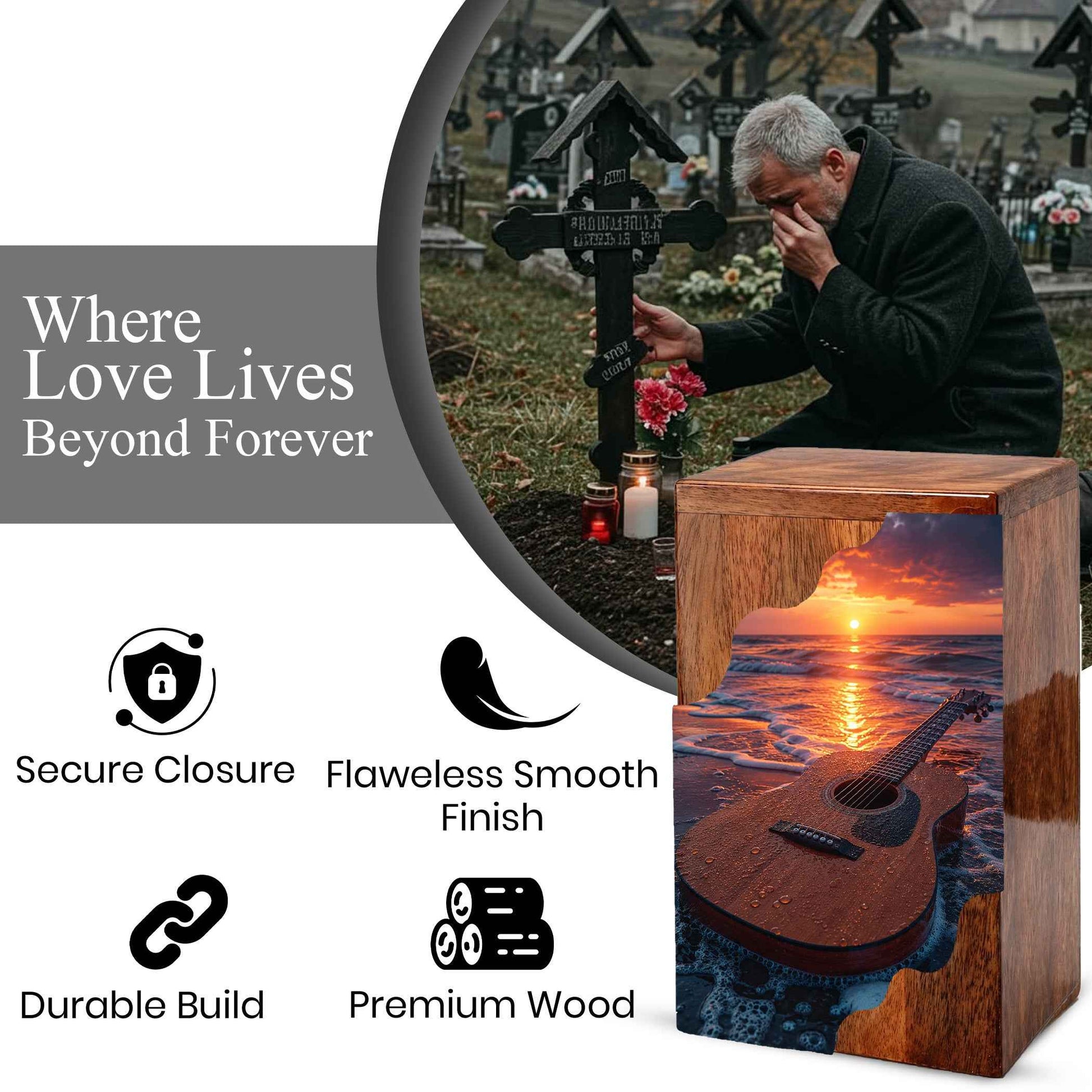 Guitar Cremation Urns for Human Ashes | Adult Urns for Ashes | Wooden Cremation Urn