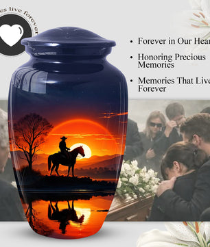 Cowboy Horse Urn for Dad | Funeral Cremation Large Urn for Father | Western Sunset Memorial Urn
