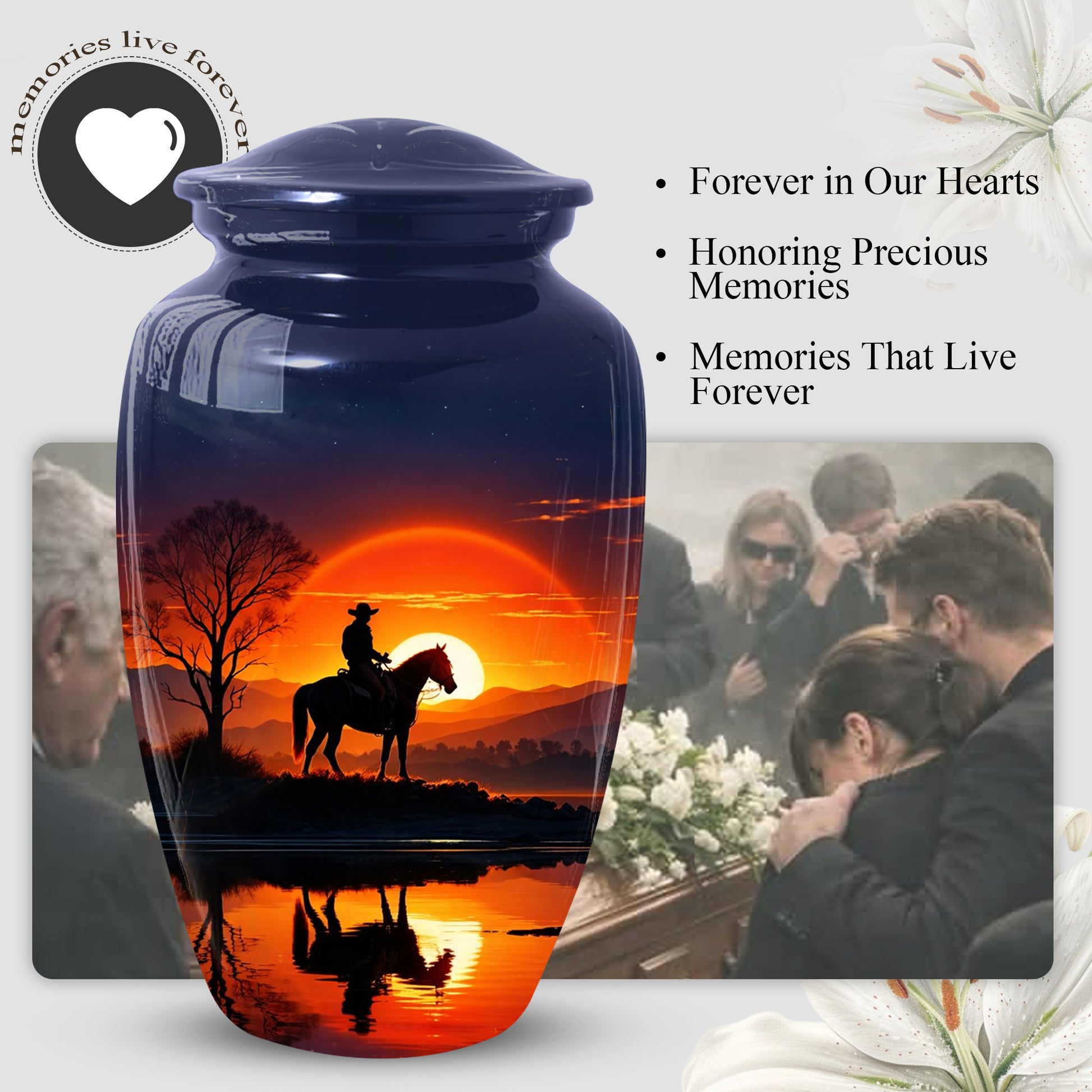 Cowboy Horse Urn for Dad | Funeral Cremation Large Urn for Father | Western Sunset Memorial Urn