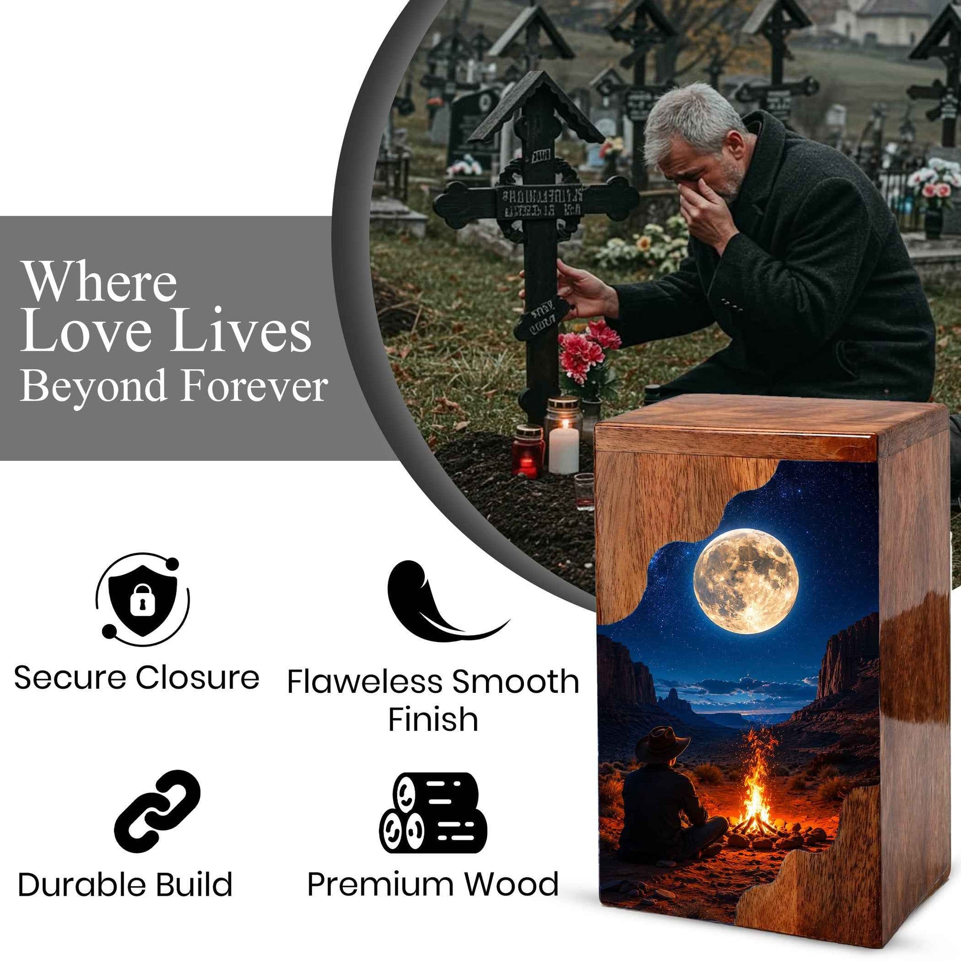 Cowboy Wooden Cremation Urn for Human Ashes – Personalized Western Memorial Urn