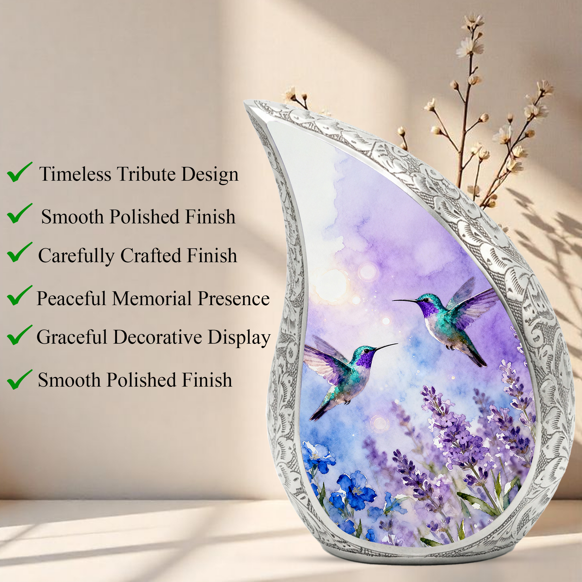 Hummingbird Personalized Cremation Urn for Mom – Teardrop Style Aluminum Memorial Urn, 10 Inch