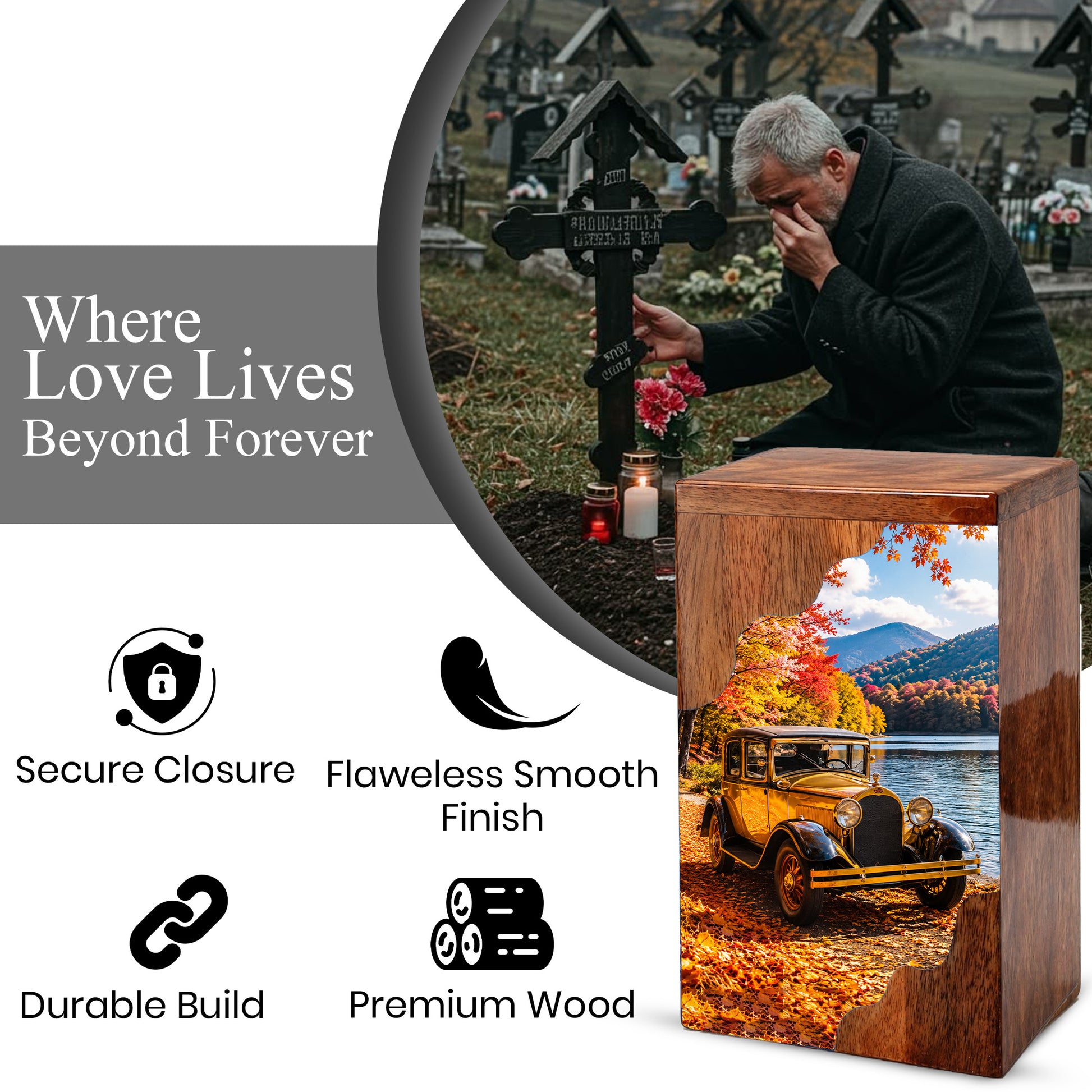 Classic Car Wooden Cremation Urn for Dad, Personalized Wooden Urn for Human Ashes