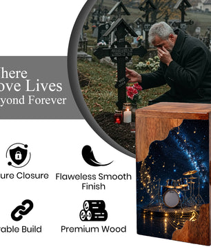 Music Memorial Wooden Cremation Urn – Drum Set Memorial Urn