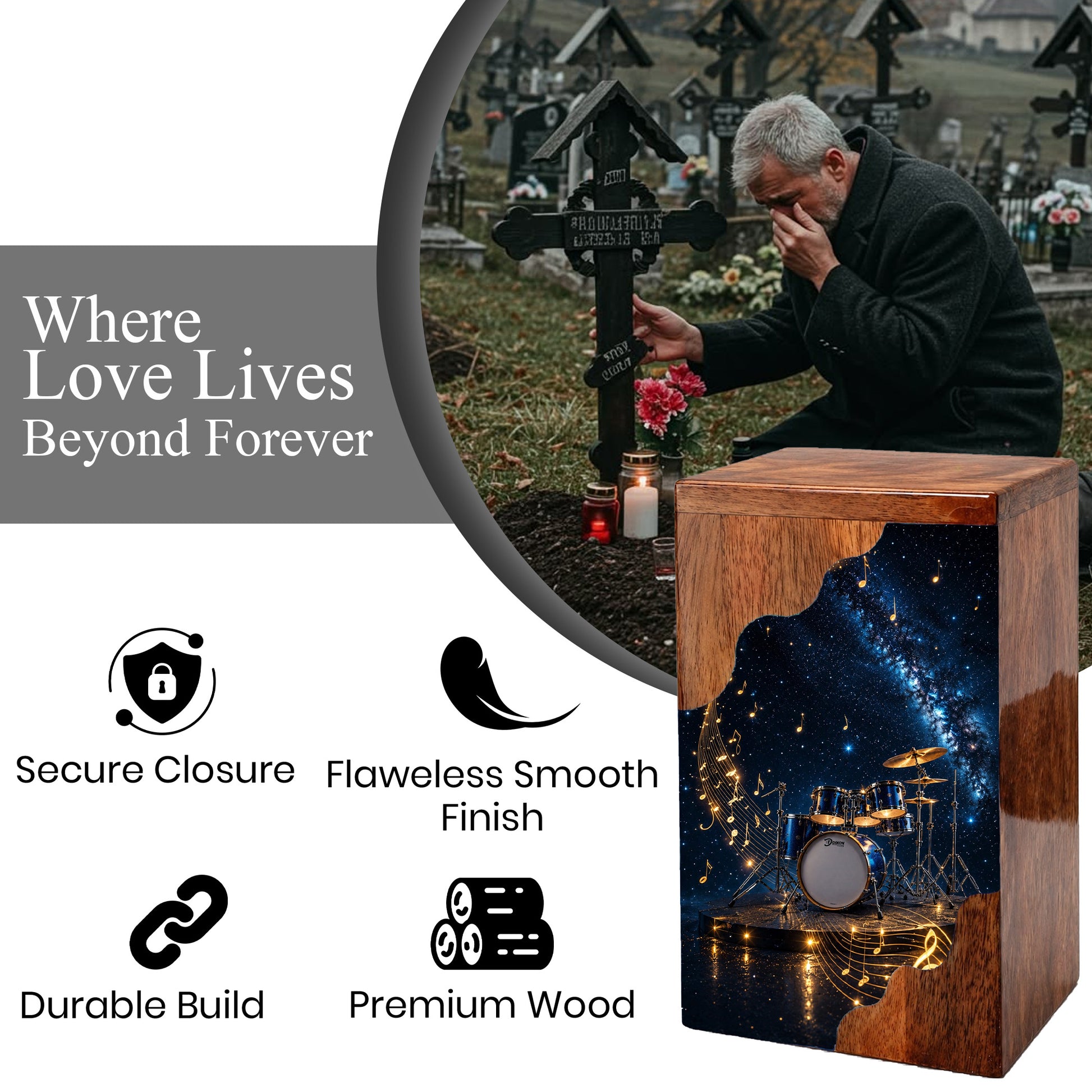 Music Memorial Wooden Cremation Urn – Drum Set Memorial Urn