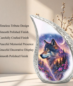 Personalized Wolf Dog Cremation Urn – Custom Pet Memorial Urn for Dog Ashes, Woodland Wolf Teardrop Aluminum Pet Urn, 10 Inch