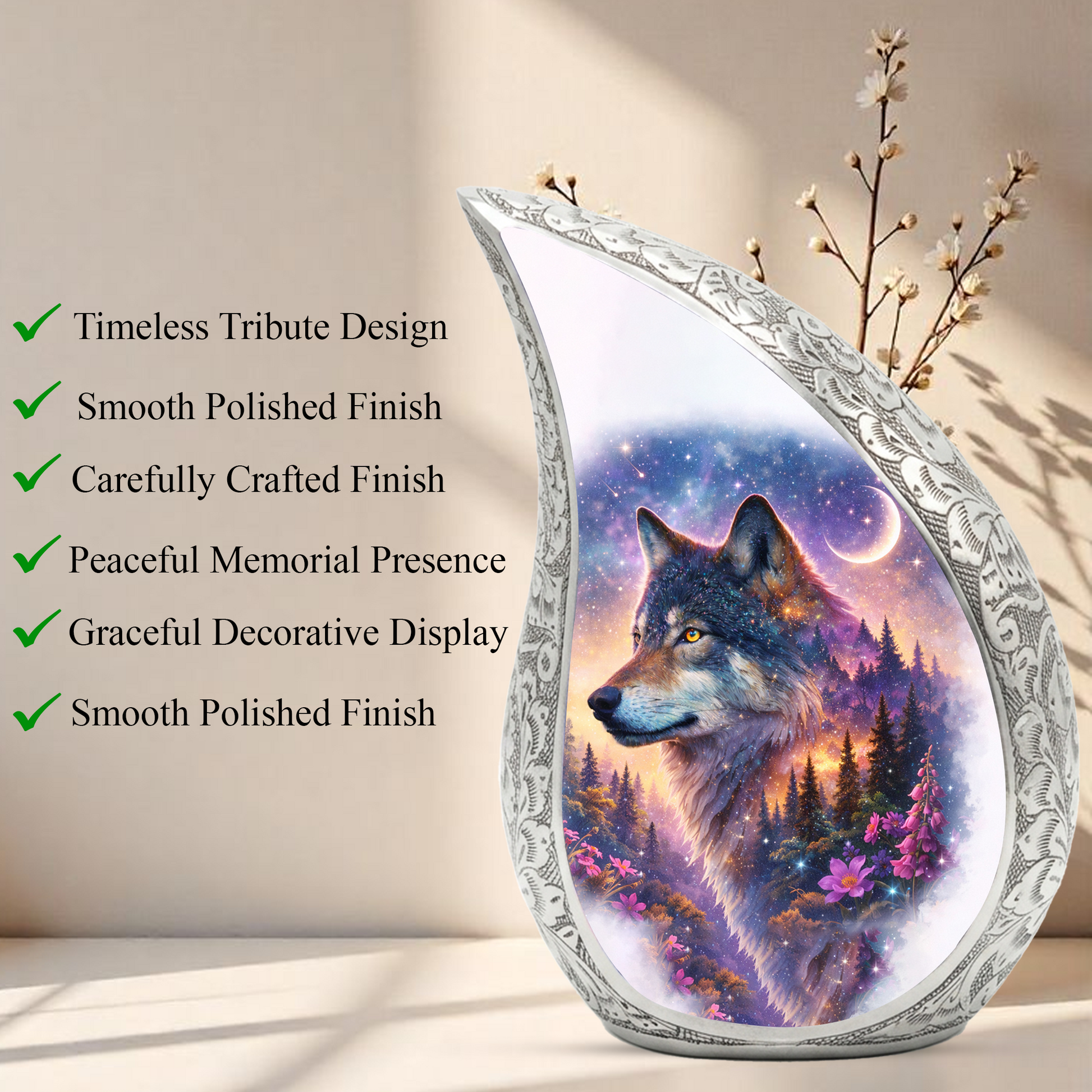 Personalized Wolf Dog Cremation Urn – Custom Pet Memorial Urn for Dog Ashes, Woodland Wolf Teardrop Aluminum Pet Urn, 10 Inch