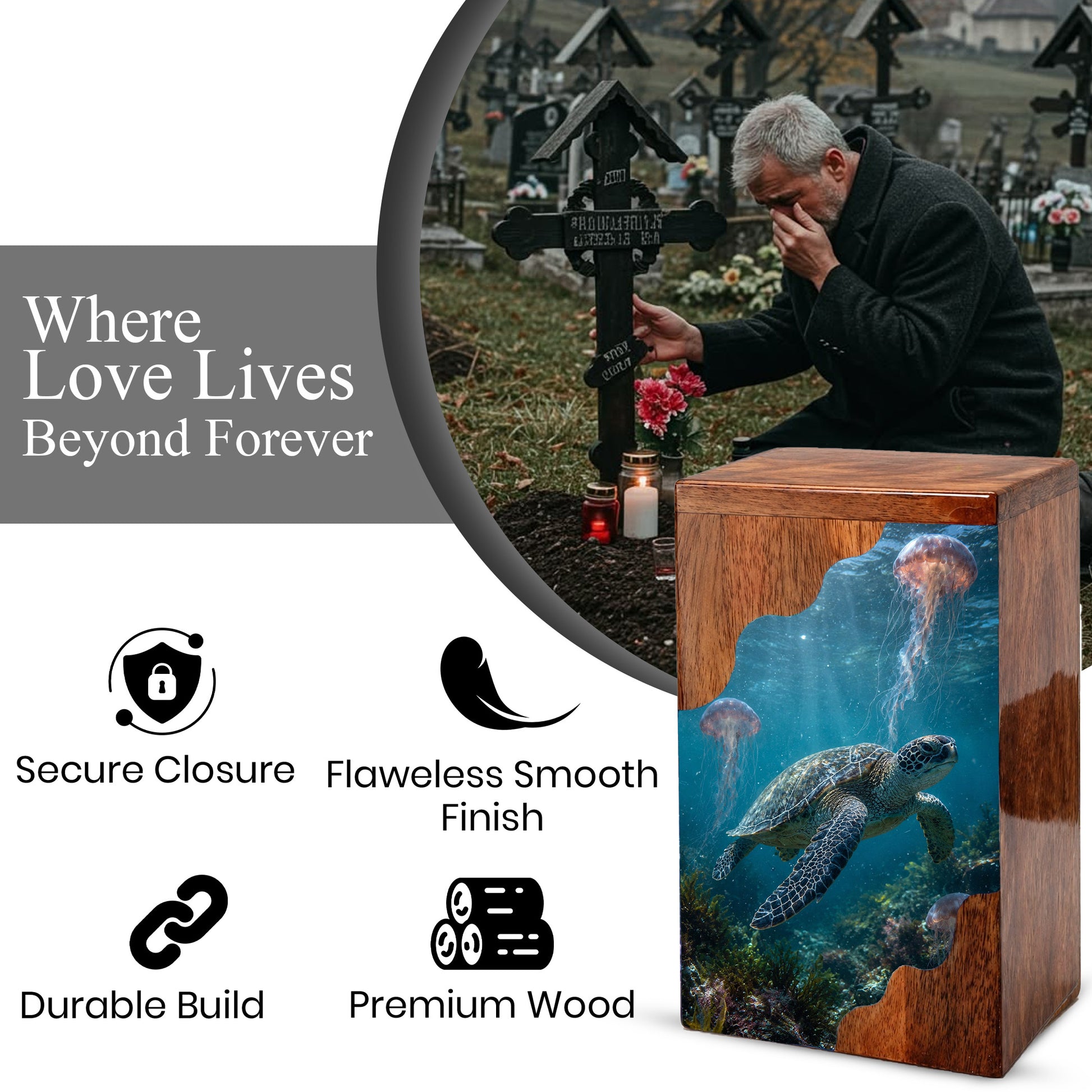 Sea Turtle Wooden Cremation Urn for Human Ashes | Adult Cremation Urn |