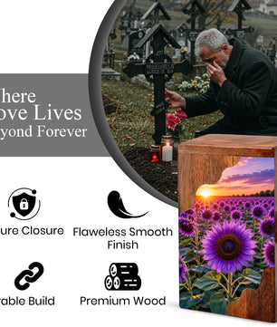 Purple Sunflower Cremation Urn for Mom | Wooden Urn for Human Ashes
