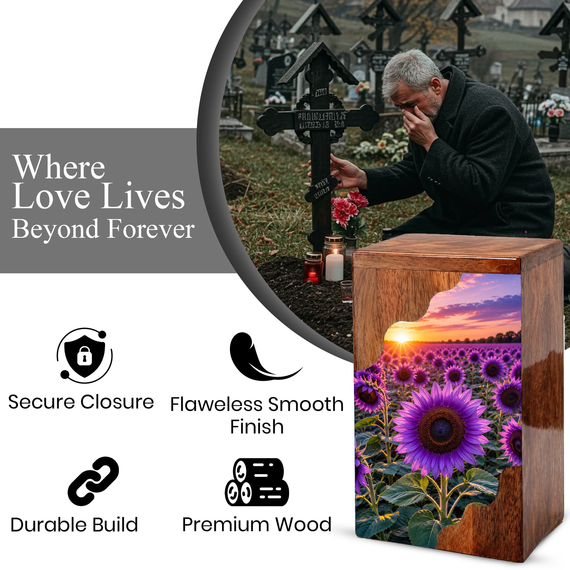 Purple Sunflower Cremation Urn for Mom | Wooden Urn for Human Ashes
