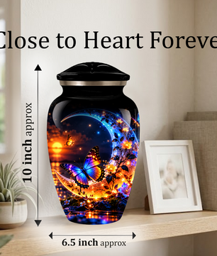 Butterfly Moon Cremation Urn for Adult Ashes, Personalized Adult Memorial Urn with Sunset and Floral Design