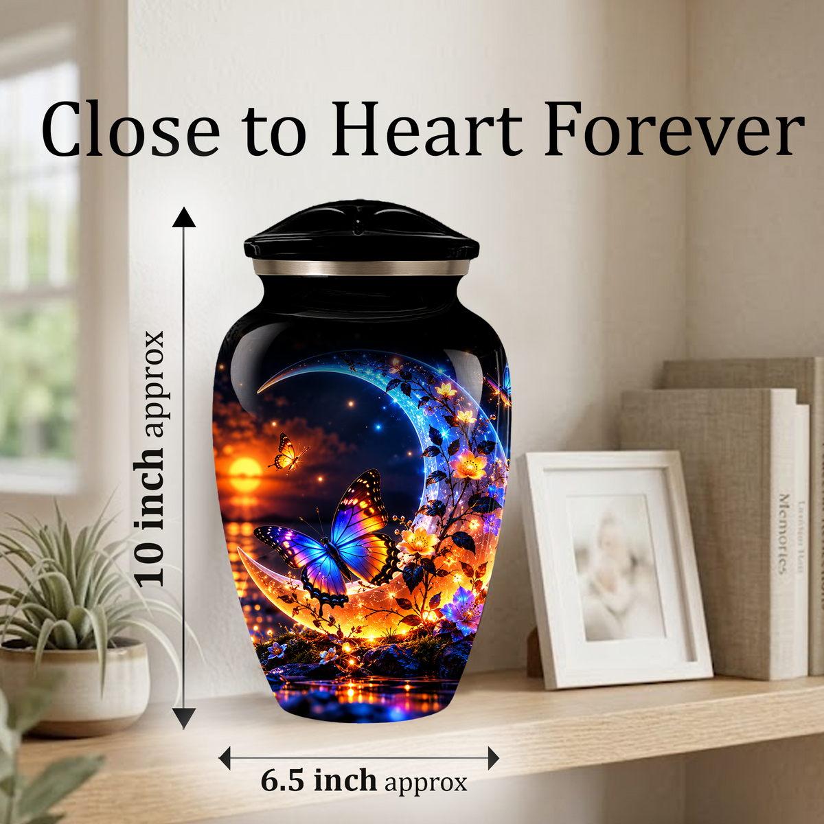 Butterfly Moon Cremation Urn for Adult Ashes, Personalized Adult Memorial Urn with Sunset and Floral Design