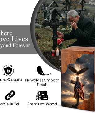 Christian Cross Wooden Cremation Urn for Human Ashes | Patriotic Religious Memorial Urn
