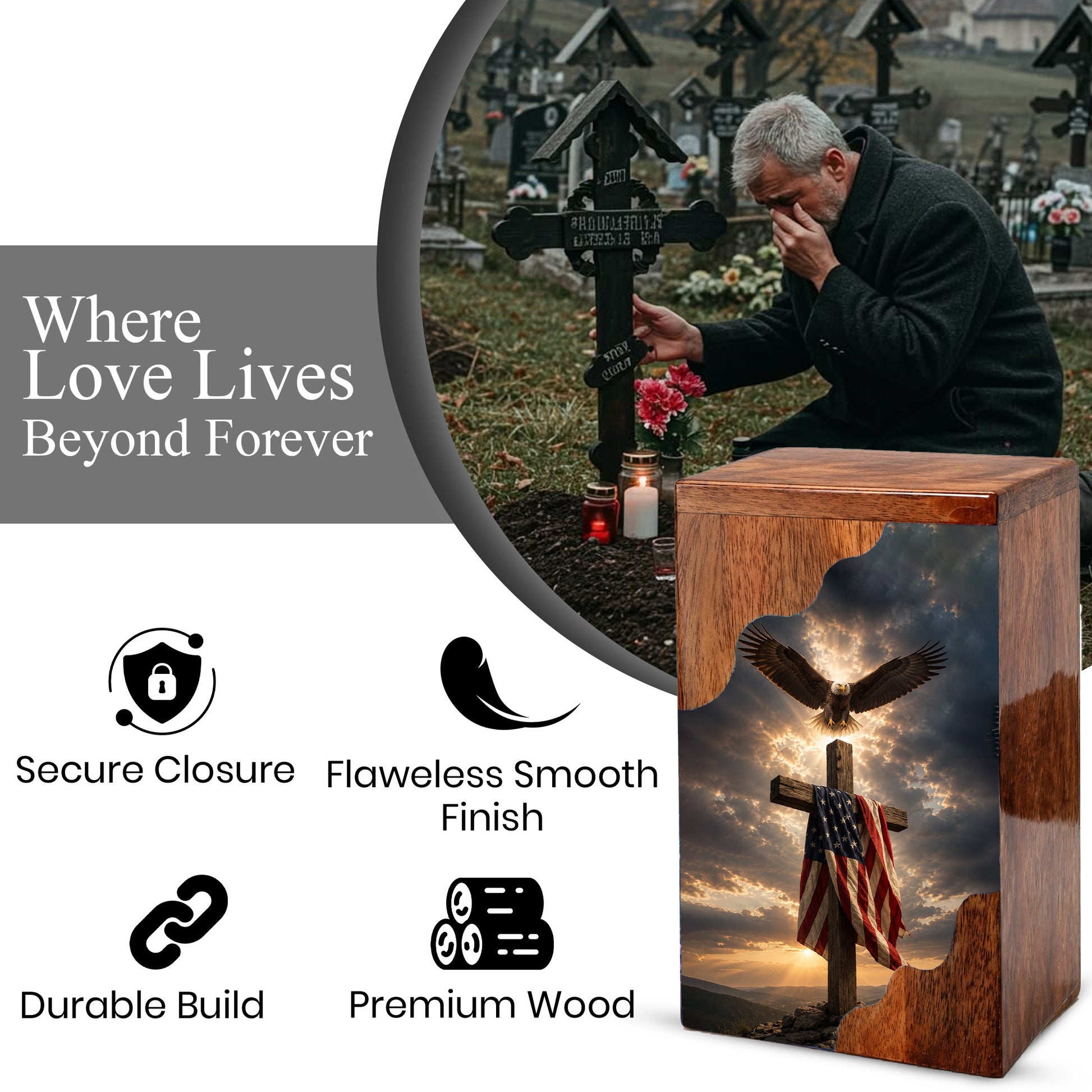 Christian Cross Wooden Cremation Urn for Human Ashes | Patriotic Religious Memorial Urn