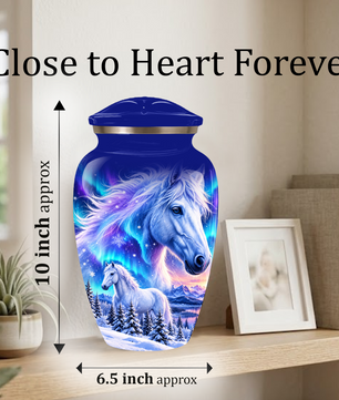 White Horse Cremation Urn for Adult Ashes, Blue Memorial Urn with Snowy Mountain and Northern Lights Artwork