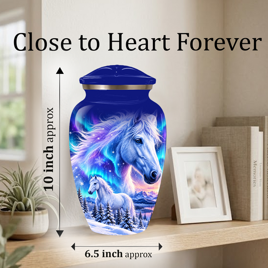 White Horse Cremation Urn for Adult Ashes, Blue Memorial Urn with Snowy Mountain and Northern Lights Artwork