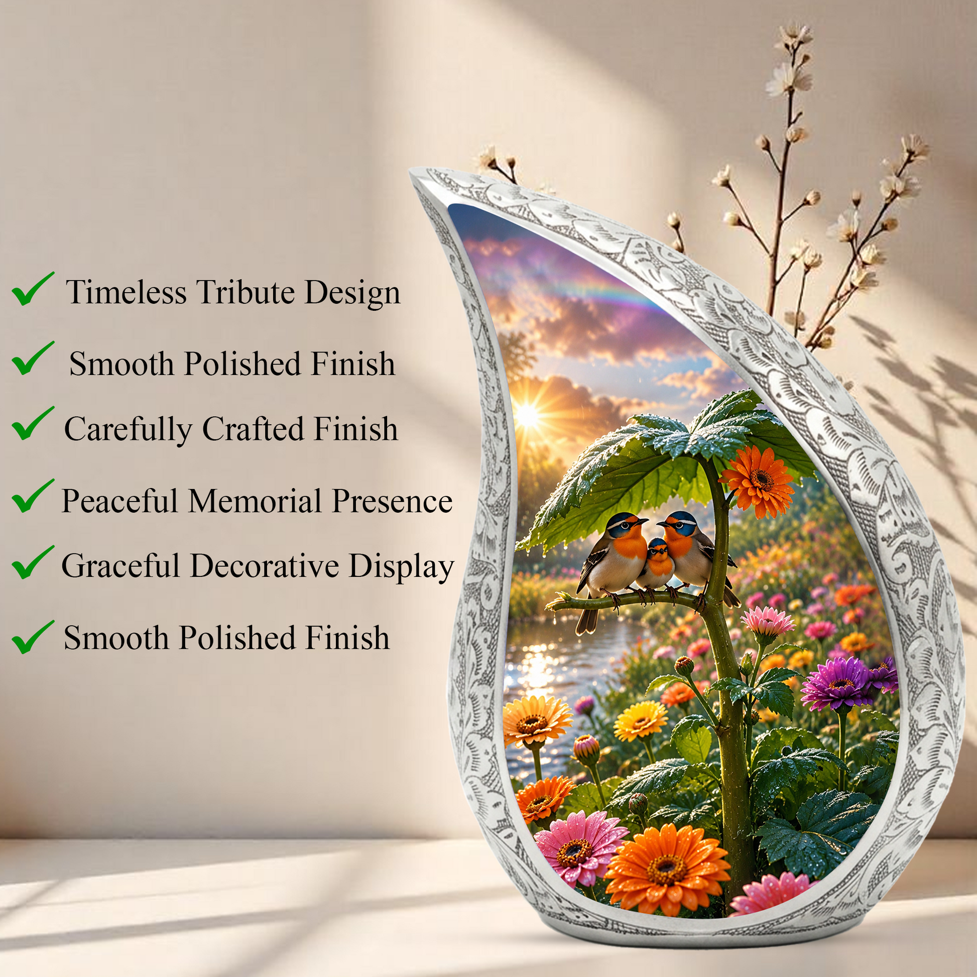 Bird Family Garden Adult Urn – Floral Nature Adult Cremation Urn for Human Ashes