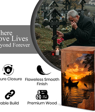 Sunset Fishing Wooden Cremation Urn – Gone Fishing Memorial Urn for Human Ashes