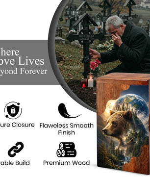 Wooden Cremation Urn for Human Ashes, Bear Memorial Urn