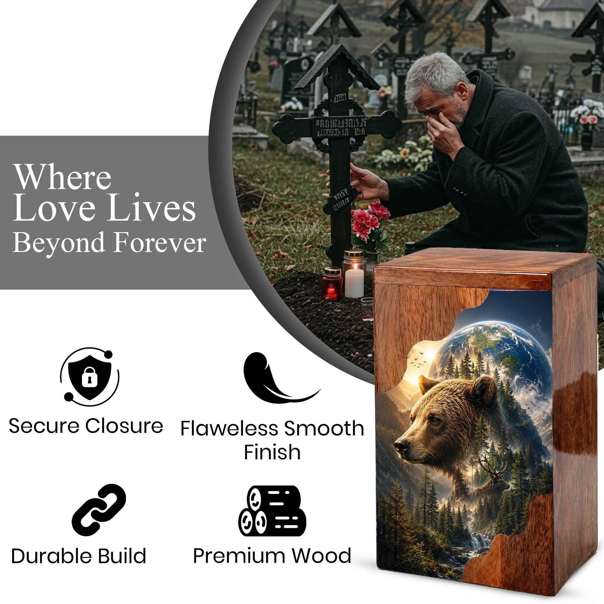 Wooden Cremation Urn for Human Ashes, Bear Memorial Urn