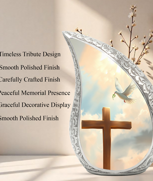 Christian Cross Personalized Cremation Urn – Teardrop Memorial Urn for Ashes | 10 Inch Aluminum Adult Urn