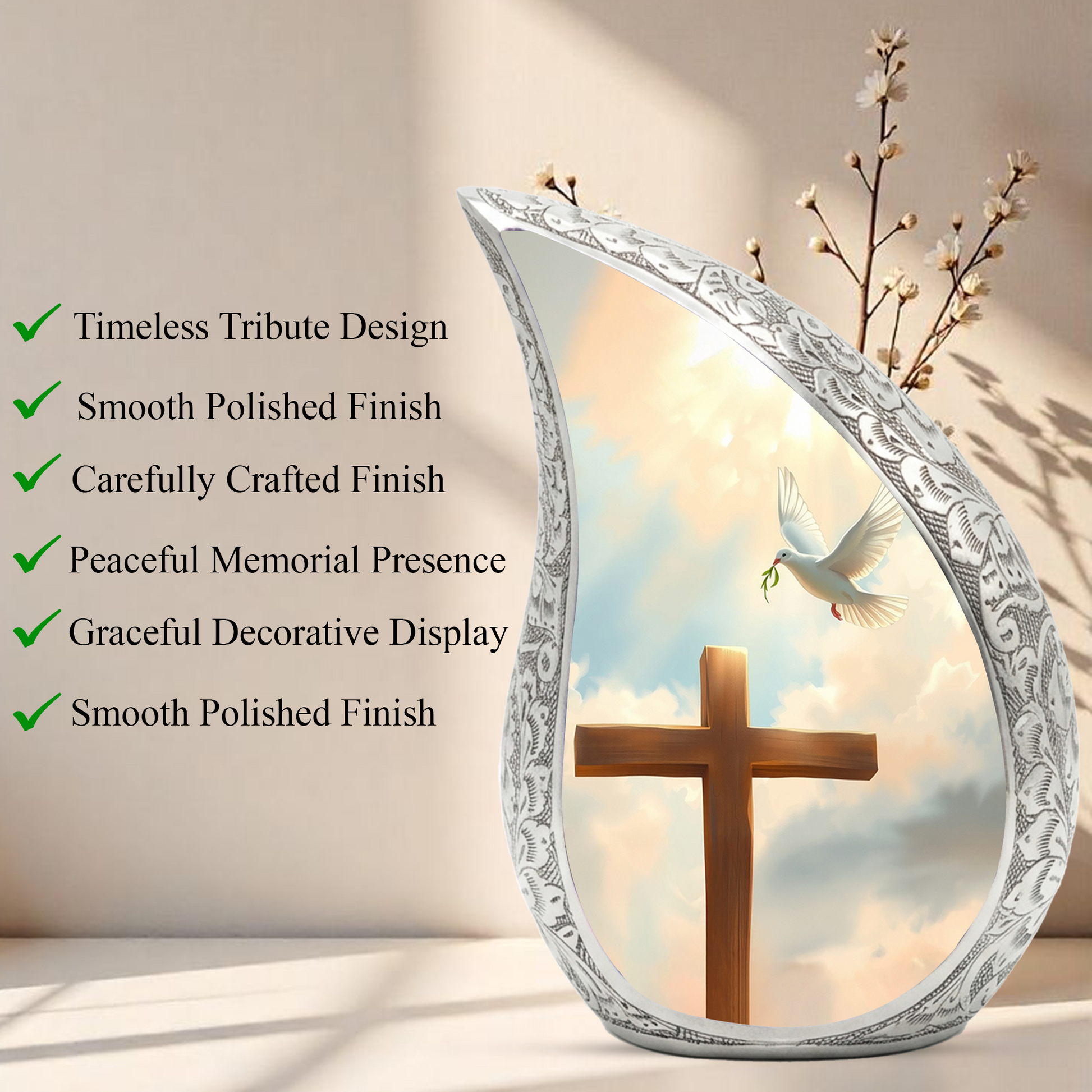 Christian Cross Personalized Cremation Urn – Teardrop Memorial Urn for Ashes | 10 Inch Aluminum Adult Urn