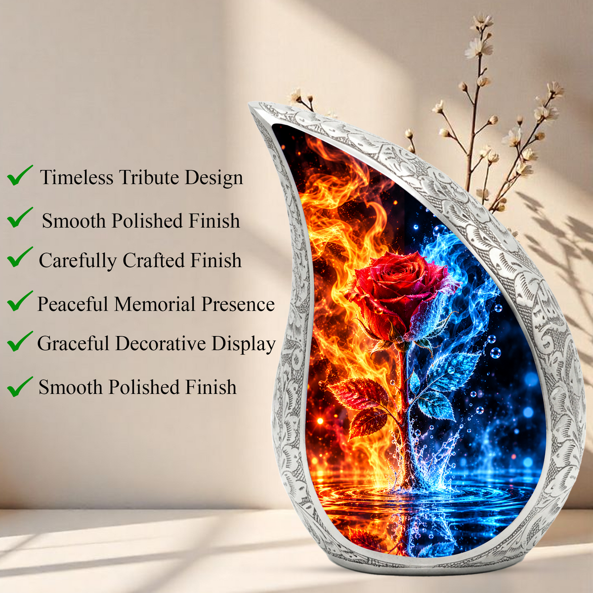 Red Rose Cremation Urn for Ashes, Blue and Fire Rose Adult Memorial Urn