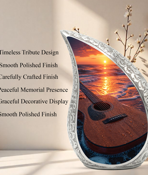 Beach Guitar Sunset Urn for Human Ashes | Adult Cremation Urn with Ocean & Guitar Memorial Design