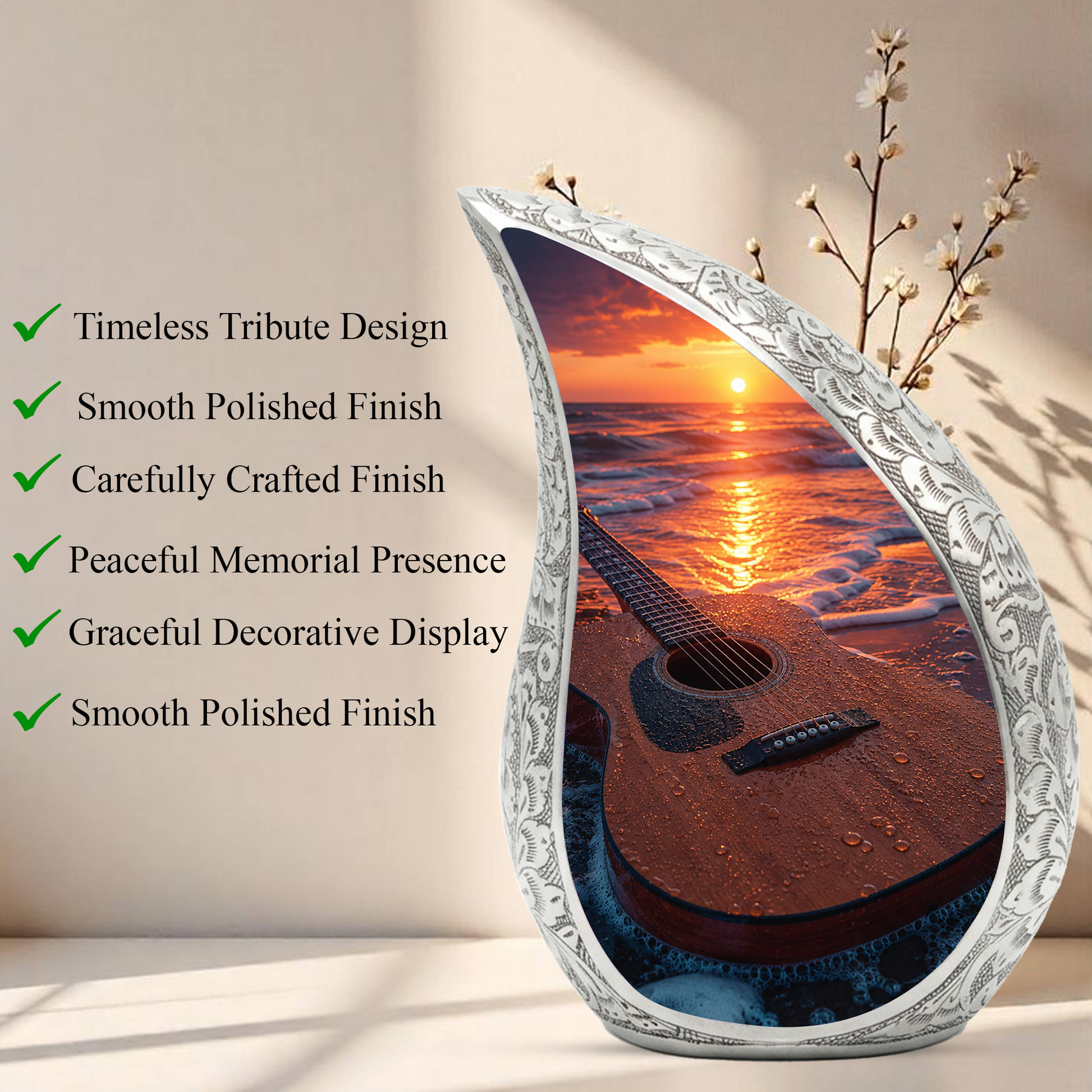 Beach Guitar Sunset Urn for Human Ashes | Adult Cremation Urn with Ocean & Guitar Memorial Design