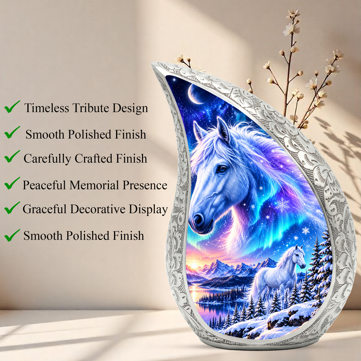 White Horse Cremation Urn for Ashes, Fantasy Horse Adult Memorial Urn