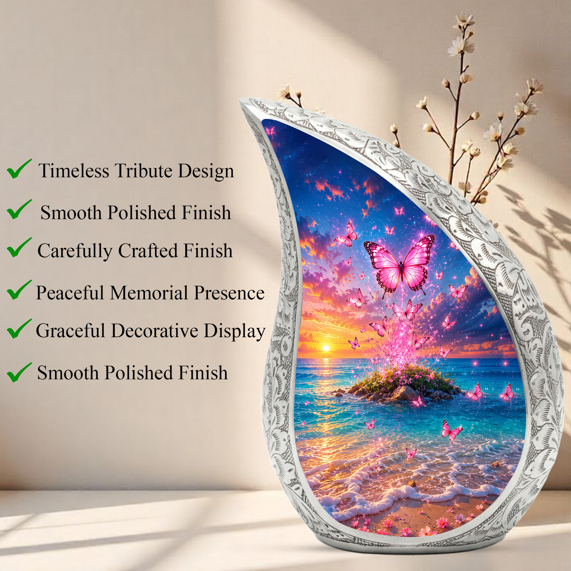 Butterfly Ocean Sunset Urn for Human Ashes | Pink Butterfly Beach Cremation Urn for Mom,