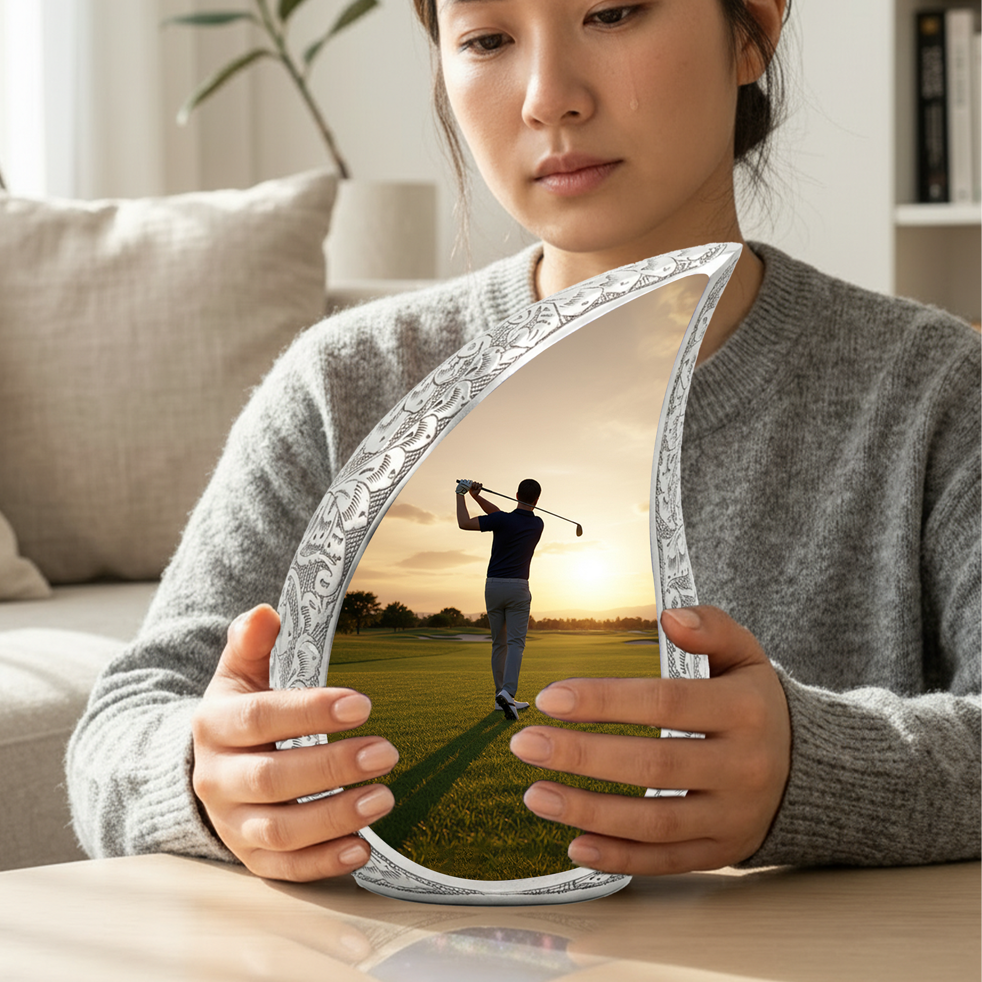Golf Personalized Cremation Urn for Dad – Teardrop Style Aluminum Memorial Urn, 10 Inch
