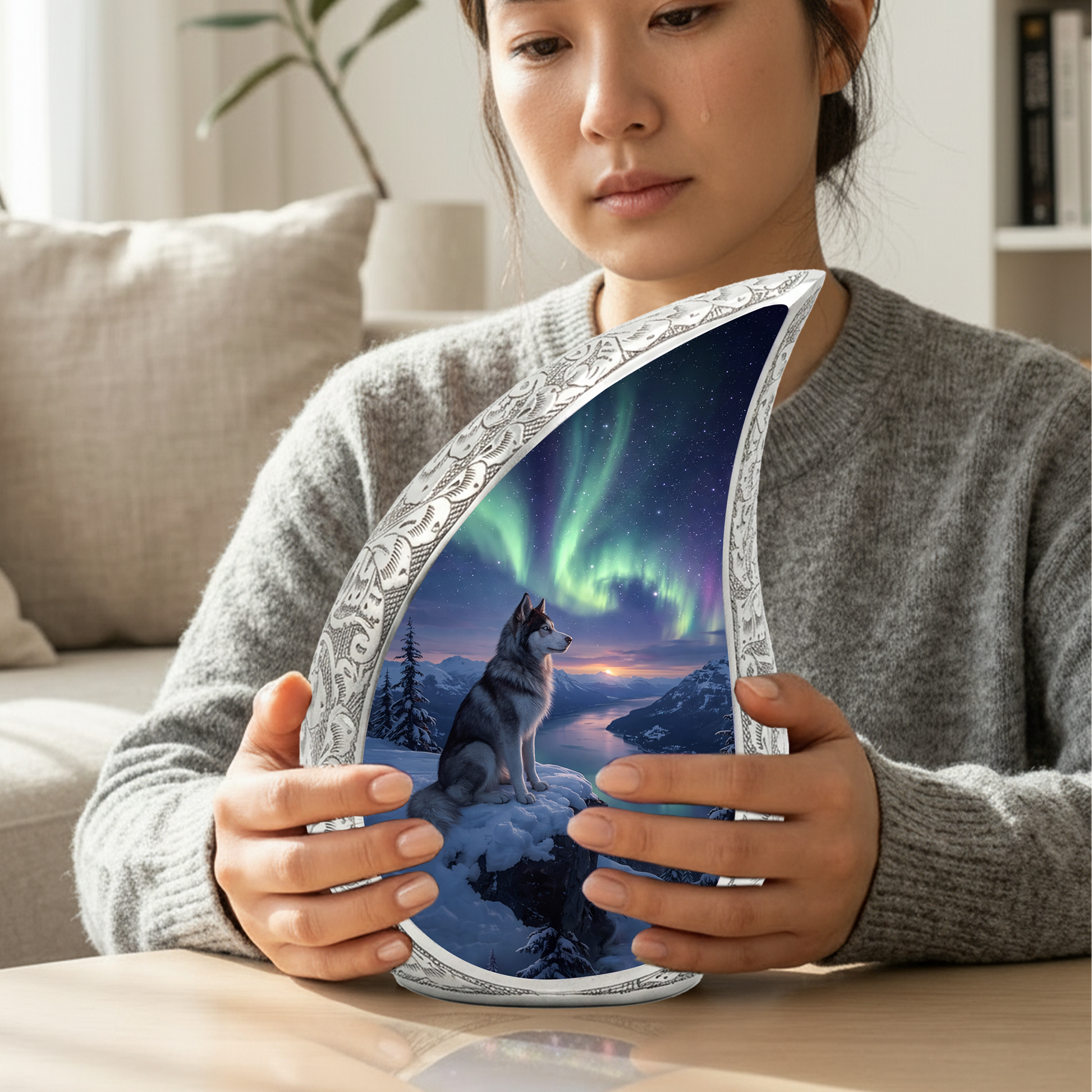 Personalized Husky Cremation Urn – Custom Dog Memorial Urn for Ashes, Northern Lights Pet Memorial, Teardrop Aluminum Adult Urn, 10 Inch