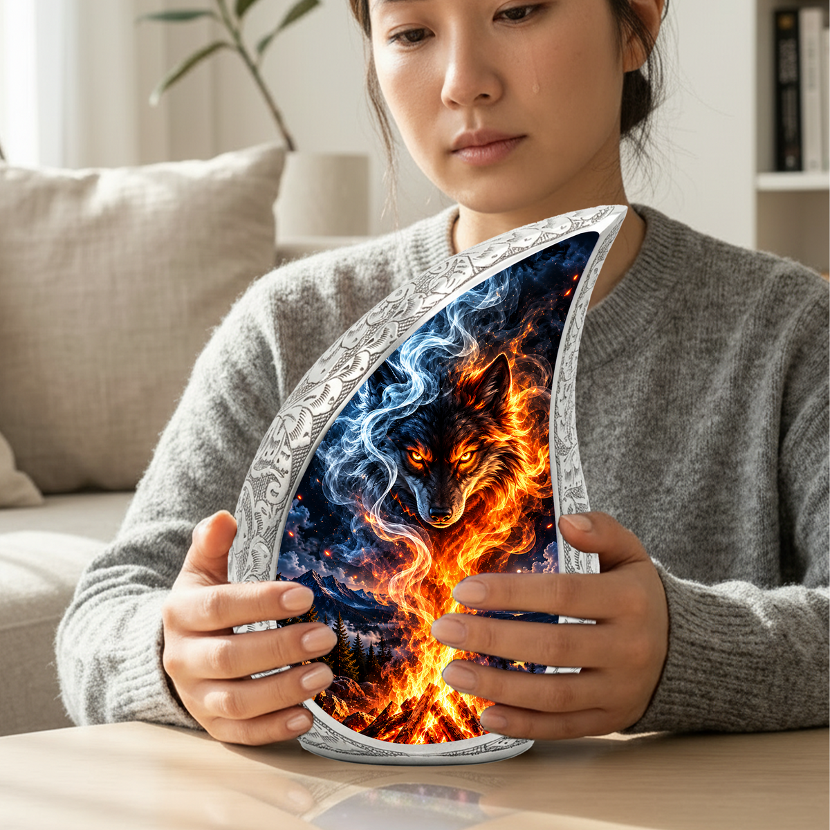 Wolf Cremation Urn for Ashes, Fire and Ice Wolf Adult Memorial Urn