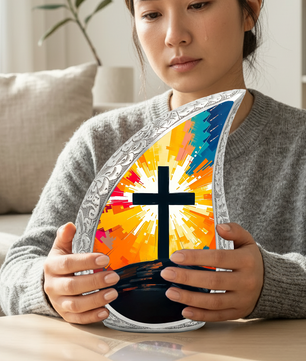 Cross Personalized Cremation Urn – Christian Memorial Teardrop Urn for Ashes | 10 Inch Aluminum Adult Urn