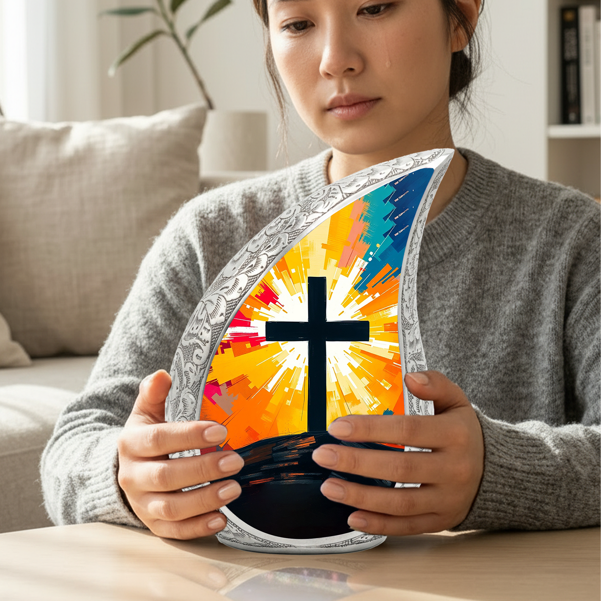 Cross Personalized Cremation Urn – Christian Memorial Teardrop Urn for Ashes | 10 Inch Aluminum Adult Urn