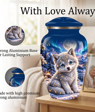 Celestial White Wolf Cremation Urn for Adult Ashes – Magical Winter Memorial Urn