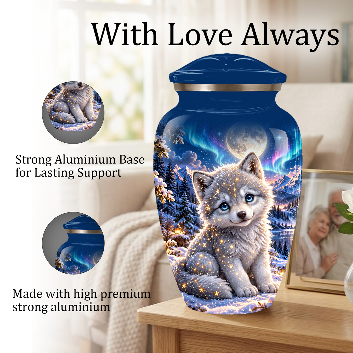 Celestial White Wolf Cremation Urn for Adult Ashes – Magical Winter Memorial Urn