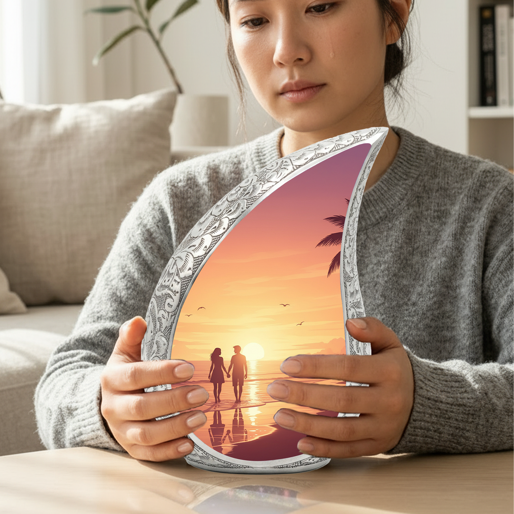 Personalized Beach Sunset Cremation Urn – Custom Ocean Memorial Urn for Ashes, Couple Beach Teardrop Aluminum Adult Urn, 10 Inch