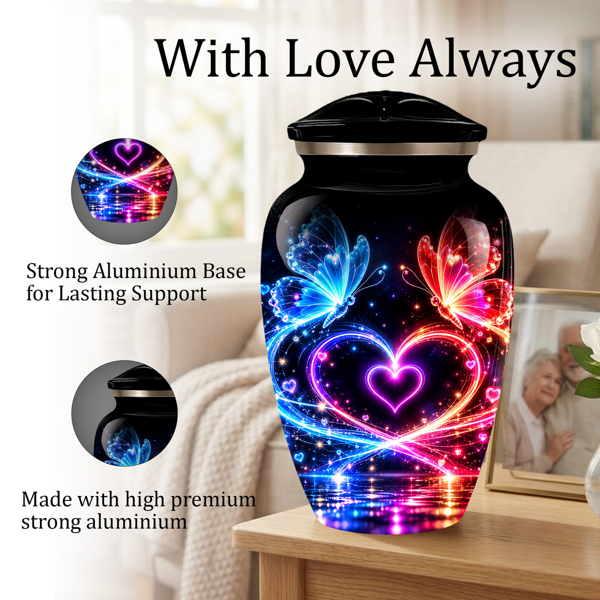 Personalized Butterfly Cremation Urn for Ashes, Heart Memorial Adult Urn, Blue and Red Cremation Urn