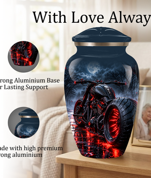 Personalized Adult Cremation Urn for Ashes, Custom Motorcycle Memorial Urn, Black Chopper with Red LED Lights