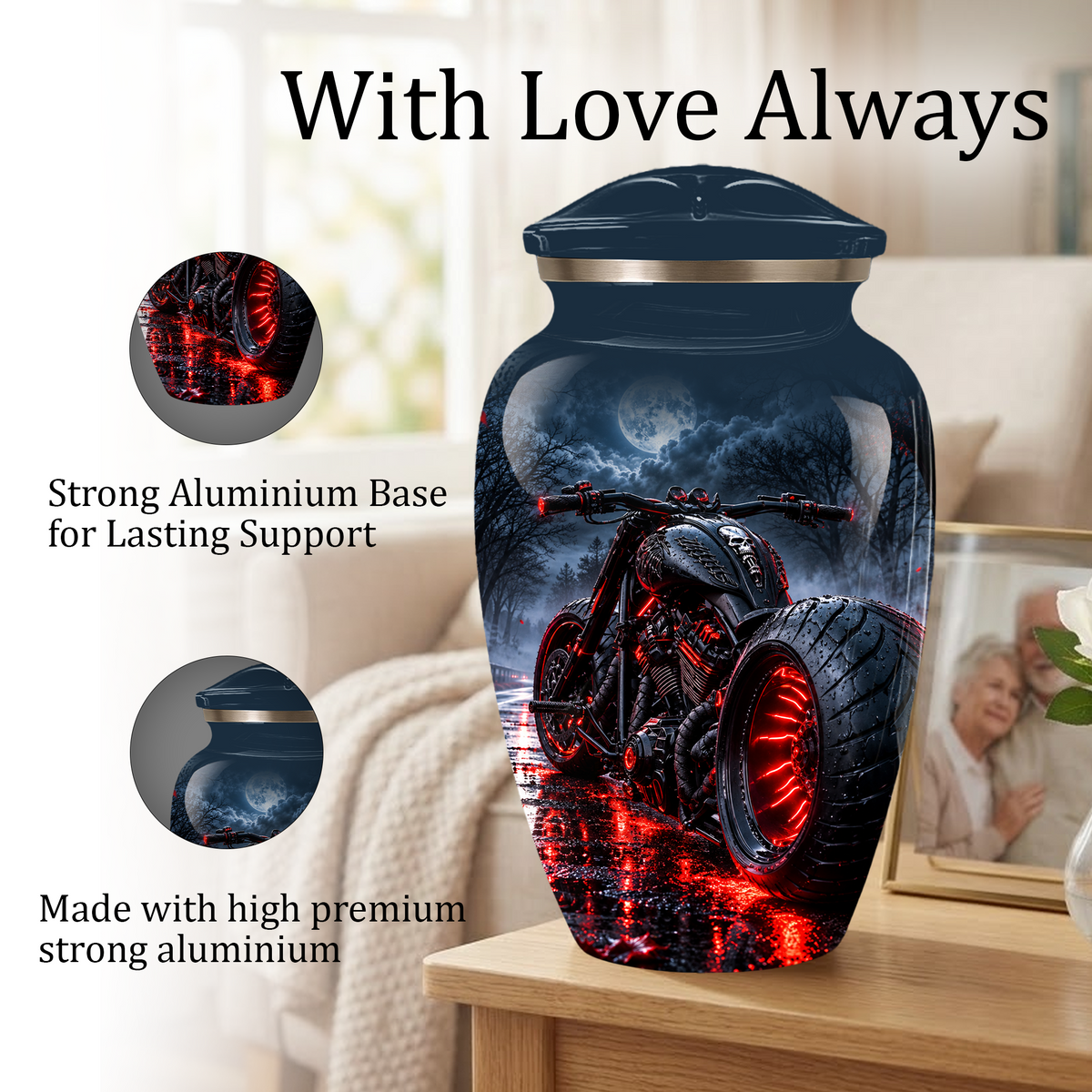 Personalized Adult Cremation Urn for Ashes, Custom Motorcycle Memorial Urn, Black Chopper with Red LED Lights