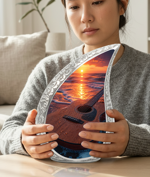 Beach Guitar Sunset Urn for Human Ashes | Adult Cremation Urn with Ocean & Guitar Memorial Design
